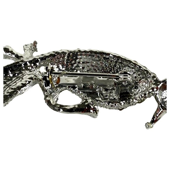 Rhinestone Bird On Tree Branch Brooch Pin With Red Eye & Silver Finish - Picture 5 of 7